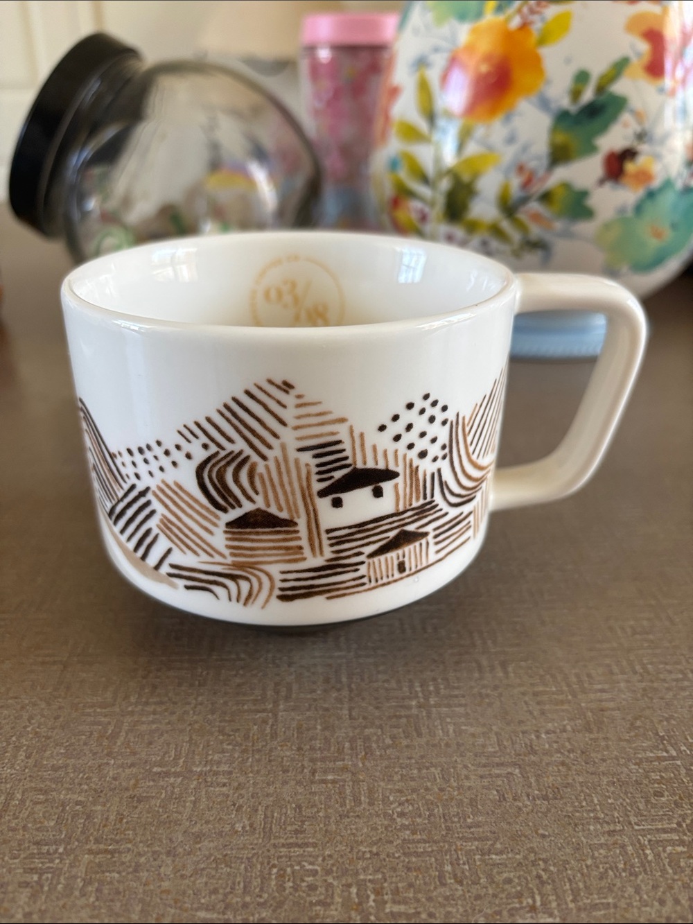 Starbucks White Mug with Brown Brushstroke Accents